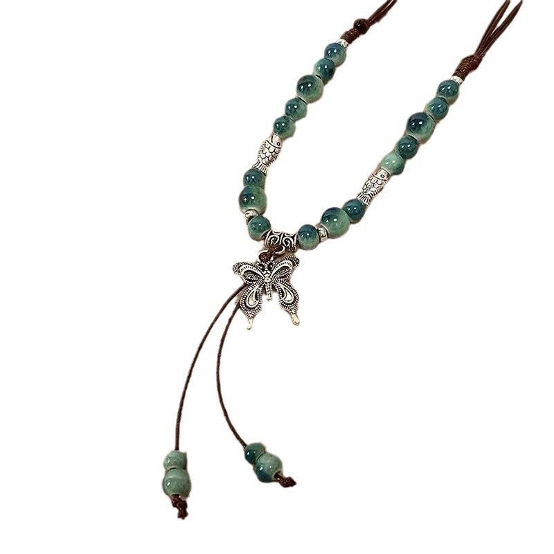 Wholesale New Chinese ethnic style retro ceramic butterfly beaded clavicle necklace